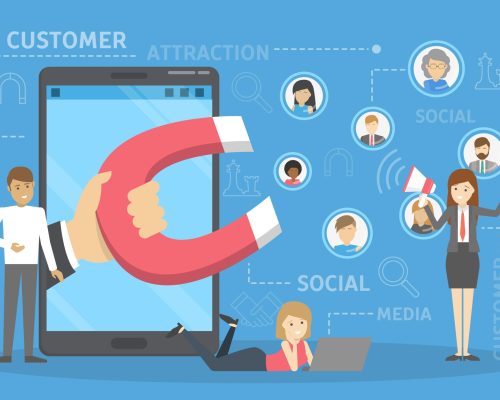 Customer attraction concept. Hand with magnet attract Customer attraction concept. Hand with magnet attract people. Marketing strategy and advertisement. Vector illustration in cartoon style